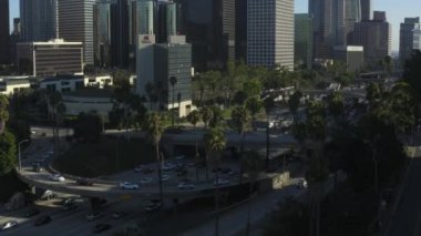 Los Angeles şehir merkezine doğru, Kaliforniya kavşağı trafiği palmiye ağaçları ve arka planda gökyüzü ve güneşli bir günde gökyüzü 