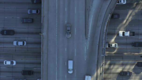 AERIAL: Vista panorâmica do centro de Los Angeles, Califórnia tráfego de cruzamento com palmeiras e céu azul Skyline e dia ensolarado — Vídeo de Stock