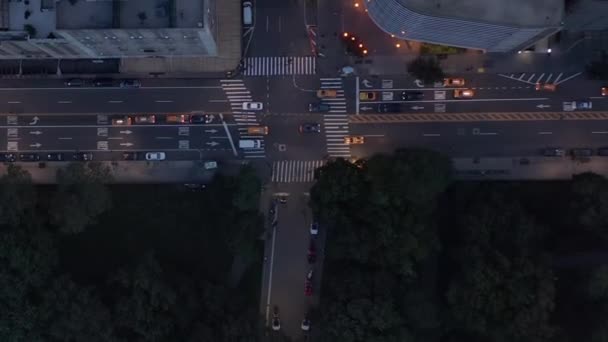 AERIAL: Birds προοπτική της Νέας Υόρκης δρόμο στο Central Park με πολυσύχναστη κυκλοφορία αυτοκινήτων — Αρχείο Βίντεο