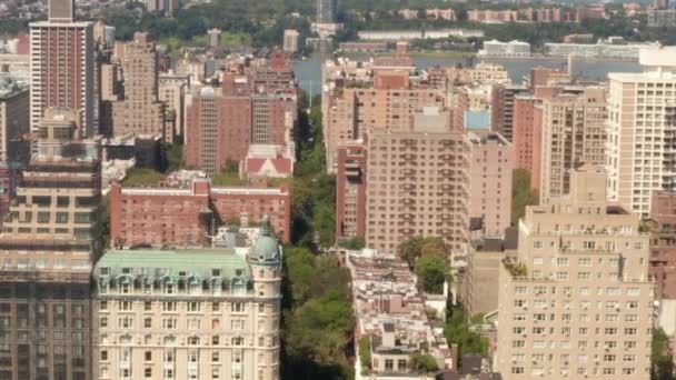 空気:晴れた夏の日に中央公園で美しいニューヨーク市の通りに沿って飛行 — ストック動画