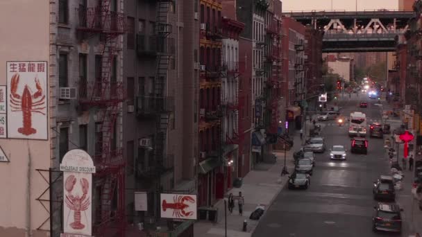 AERIAL: Scenic Chinese straat met politieauto, knipperende lichten en Aziatische brieven in New York City Chinatown — Stockvideo