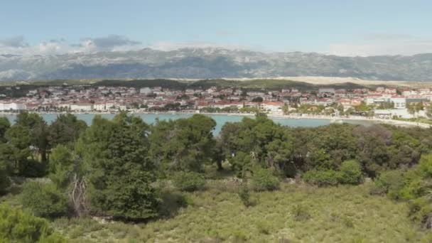 AERIAL: Vuelo sobre los árboles para revelar hermoso océano azul turquesa, tierra en Novalia, Croacia Naturaleza con casas y cielo azul y sol — Vídeos de Stock