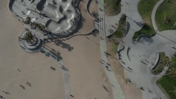 AERIAL ptaków widok lotu nad Venice Beach skatepark z palmami i pięknymi cieniami, Słoneczny, Los Angeles Kalifornia — Wideo stockowe