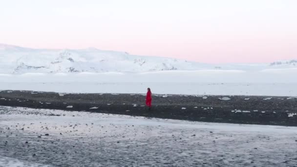 AEREO: Drone shot di persona che cammina sulla spiaggia nera con neve artica bianca in Islanda in inverno Neve, ghiaccio, onde, acqua — Video Stock