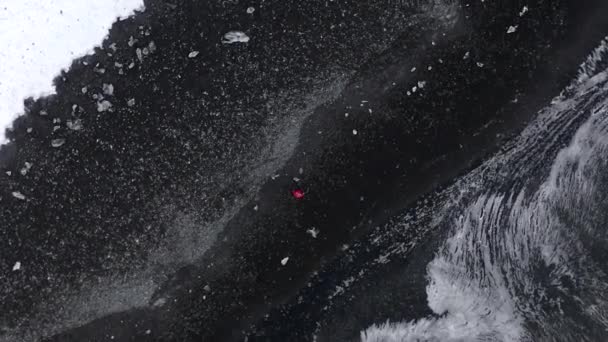 AERIAL: Birdsview of Person walking on Black Beach with white arctic snow in Iceland in Winter Snow, Πάγος, Κύματα, Νερό — Αρχείο Βίντεο