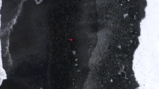 AERIAL: Birdsview of Person walking on Black Beach with white arctic snow in Iceland in Winter Snow, Ice, Waves, Water — Stock videók