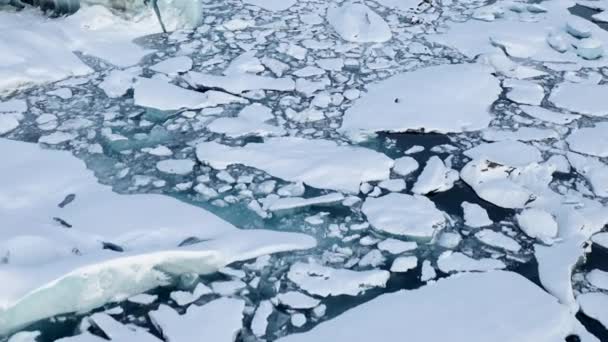 AERIAL: Létání nad zasněženými ledovými plováky na Islandském jezeře Winter, sníh — Stock video