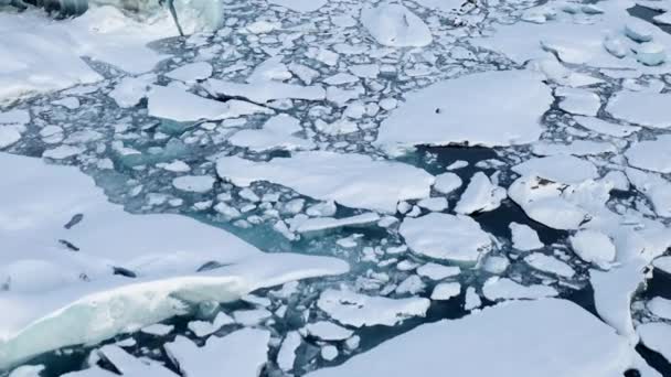 AERIAL: Flying over Snowy Ice Floes on Iceland Lake Winter, Snow — Stock Video