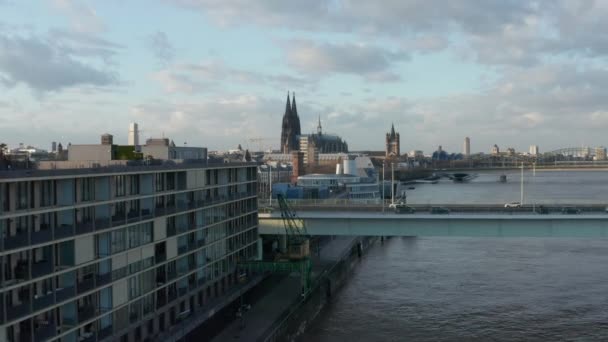 AERIAL: Flight over Bridge with Car Traffic in Cologne, Germany on beautiful sunny day — Stock Video