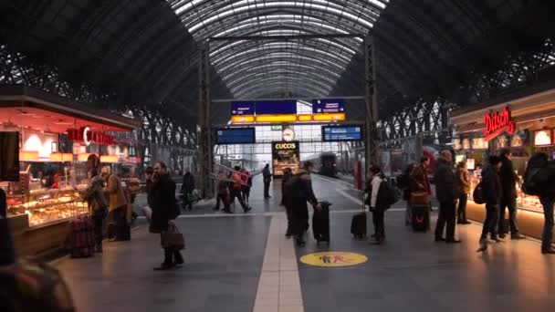 Центральна залізнична станція Перевезення людей з валізами, поїзди, що прибувають у Франкфурт-на-Майні, Німеччина У приміщенні, подорожі, гауптбангоф — стокове відео