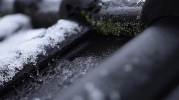 Close-up van sneeuw, sneeuwval op het dak in de winter — Stockvideo