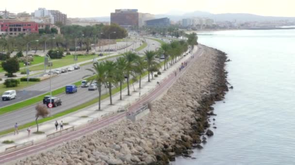 AERIAL: Ruta de la costa con coches, tráfico en el océano con palmeras en la isla tropical Mallorca, España en vacaciones de día soleado, Viajar, Soleado — Vídeo de stock