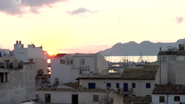 AERIAL: Kleine stad met haven op Tropisch eiland met boten en oceaan bij kleine stad bij zonsopgang met bergen in achtergrond vakantie, reizen, zonsondergang — Stockvideo