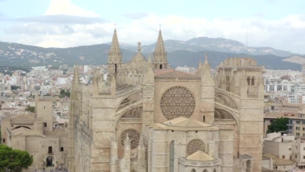 AERIELL: Nära upp över Palmas katedral i dagsljus, Blå himmel med trafik och turister på Tropical Island Mallorca, Spanien på solig dag semester, resor, soliga — Stockvideo
