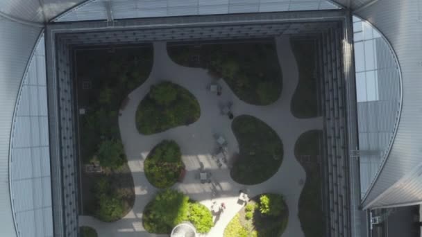 AERIAL: Birdsview of Skyscraper Garden with Green Trees in Urban environment with city car traffic at sunny day in Frankurt am Main Germany — Vídeo de Stock