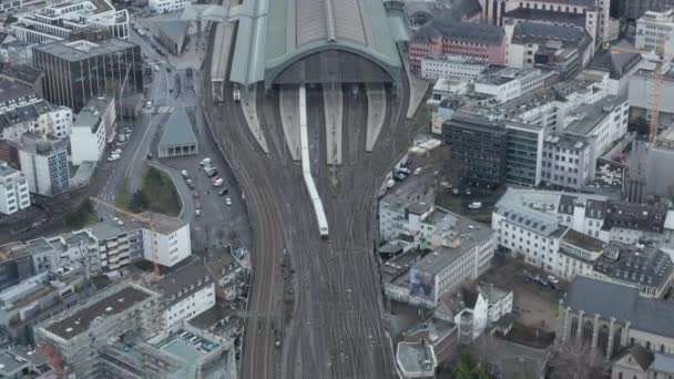 AERIAL: Over Keulen Centraal treinstation met trein rijden op bewolkte dag — Stockvideo