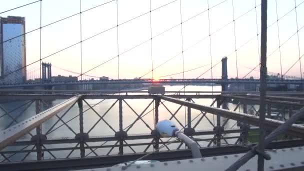 SLOW MOTION: Auf der Brooklyn Bridge mit Blick auf den East River keine Menschen mit Autos, Verkehr über die Brücke Sommer, Surise — Stockvideo