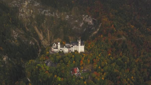 AERIAL: Άποψη του κάστρου Neuschwanstein στο δάσος, βουνά, καλοκαίρι, ομίχλη, πολύχρωμο — Αρχείο Βίντεο