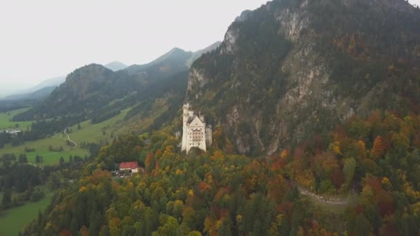 AERIAL: Вид на замок Нойсванштейн в горах, літо, Санні — стокове відео