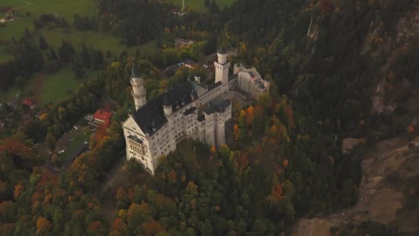 AERIAL: 360 stopni Widok zamku Neuschwanstein w lesie, góry, lato, mgła, kolorowe — Wideo stockowe