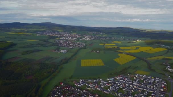 AERIAL: Πτήση πάνω από Τυπικό ευρωπαϊκό, γερμανικό γεωργικό πεδίο σε συννεφιά Ημέρα — Αρχείο Βίντεο