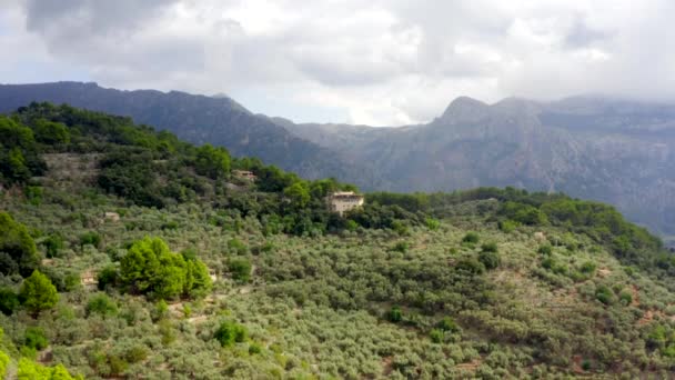 AERIAL: Montanhas da selva na ilha tropical Maiorca, Espanha no dia ensolarado Férias, Viagens, Ensolarado, Ondas — Vídeo de Stock