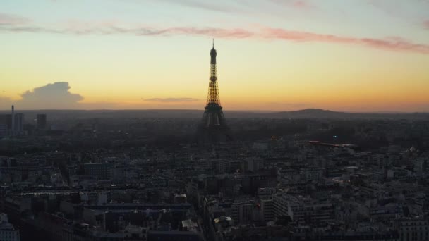 AERIAL: Eiffel Tower,Tour Eiffel in Paris, France Drone view with Beautful Sunset Sky 