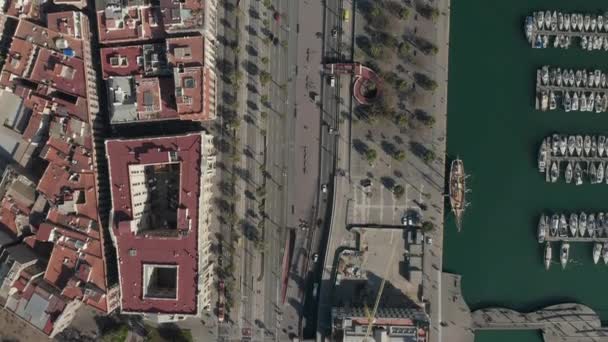 AERIAL: Nad głową ujęcie wzdłuż Barcelony, Hiszpania Zatoka z łodziami w wodzie w słoneczny dzień — Wideo stockowe