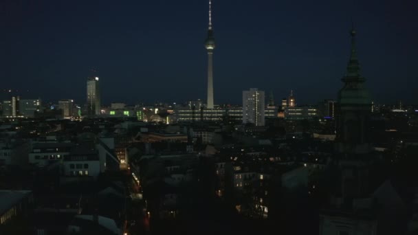AERIAL: View of empty Berlin, Germany City Scape Skyline at Night with City Light During COVID19 Corona Virus Pandemic — Stock Video