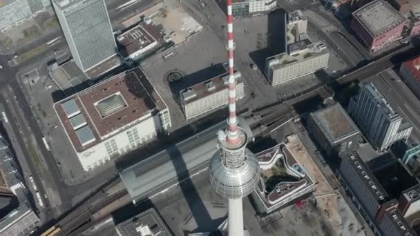 AERIAL: slow Flight over Small Bridge over Spree in Berlin, Germany with view on Alexander Platz TV Tower — 图库视频影像