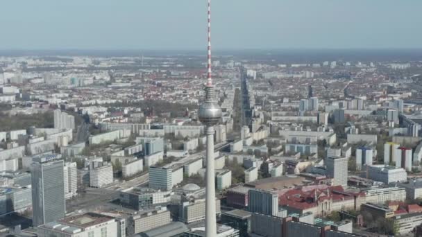 AERIAL: Wide View of Empty Berlin, Germany Alexanderplatz TV Tower with almost No People or Cars on Beautiful Sunny Day during COVID19 Corona Virus Pandemic — 비디오