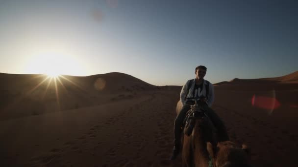 Sonriendo joven en camello que recorre el hermoso desierto de Sahara en SUNSET — Vídeo de stock