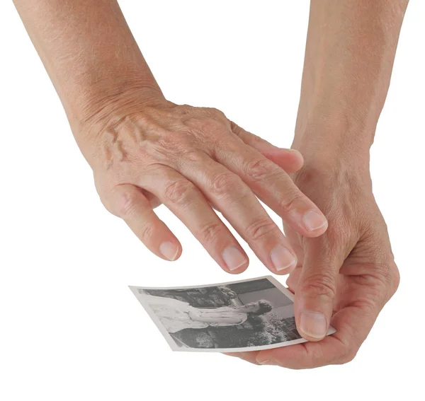 Psychic Connecting Deceased Using Photo Female Hands Holding Black White — Stock Photo, Image