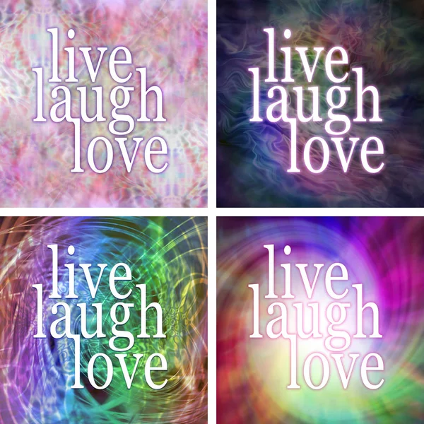 4 x Live laugh love square coasters - four different backgrounds with the same LIVE LAUGH LOVE logo design on top ideal for use as a modern set of square or cropped to circular drinks coasters