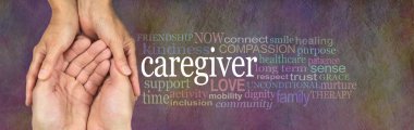 Bakıcılar Word Cloud - yavaşça etrafında erkek götürdü eller Caregiver kelime bulutu rustik taş zemin üzerine yanında götürdü eller