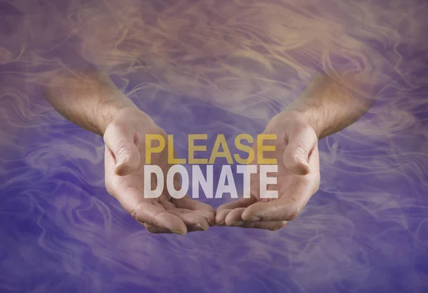 A special request to PLEASE DONATE and help raise funds - Male hands offering the word PLEASE DONATE emerging from a wispy gaseous indigo and peach coloured smoke field