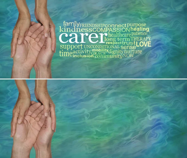 Carers Word Cloud Женские Руки Мягко Обхваченные Руками Самцов Рядом — стоковое фото