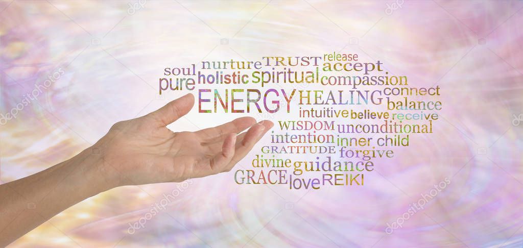 Energy Healing Word Tag Cloud - female hand gesturing towards the word ENERGY surrounded by a relevant word tag cloud on a pink feminine flowing energy formation background 