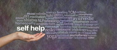 Methods for Self Help Word Tag Cloud - female open cupped hand with the words SELF HELP floating above surrounded by a relevant word tag cloud on a rustic stone effect dark background clipart