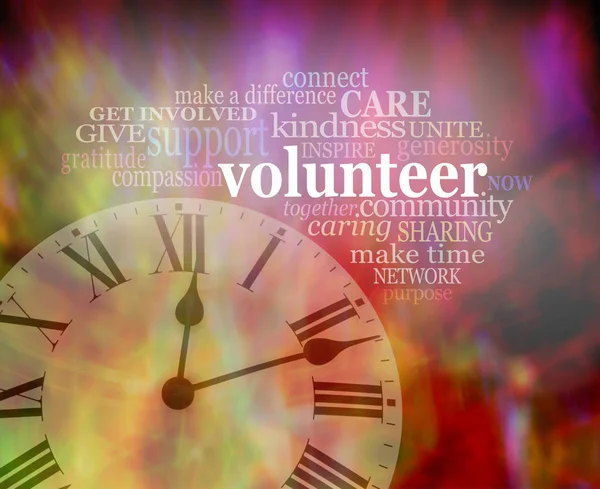 请志愿者一段时间现在 充满活力的红色现代艺术效果背景与时钟的左下角和志愿者字标签云以上 — 图库照片