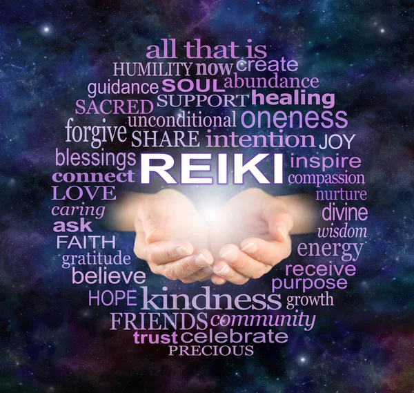 Reiki Share Healing Word Cloud - Healer\'s cupped open hands surrounded by a circle of wise healing words on a dark deep space night sky background