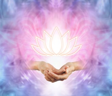 The Sacred Lotus - female cupped hands with an illuminated lotus flower symbol floating above on a pink purple blue and white energy background   clipart