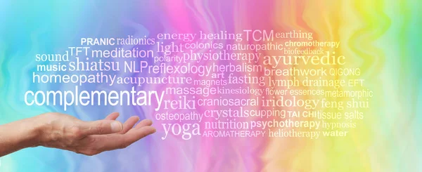 Complementary Therapy Word Tag Cloud Female Hand Held Palm Word — Stock Photo, Image