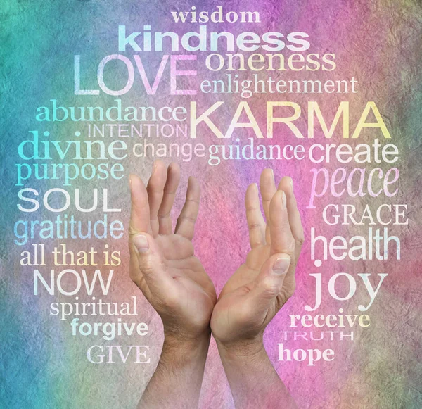 Circle Love Karma Wisdom Hands Parchment Male Healers Outstretched Open — Stock Photo, Image