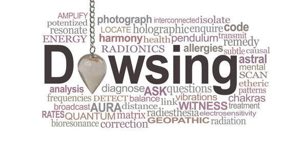 Dowsing Pendant Word Cloud - маятник из кварцевого дыма, который делает O of DOWSING окруженным соответствующим облаком слов на белом фоне
 