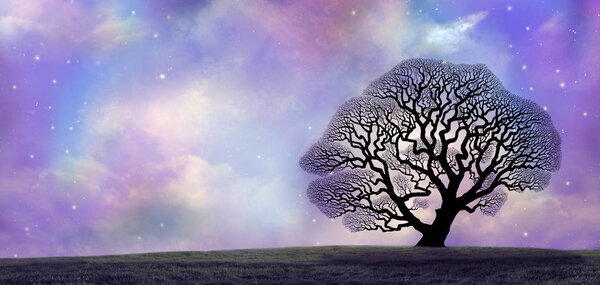 Great Oak and Magical Night Sky - silhouette of oak tree skeleton isolated on the horizon against an ethereal blue pink cosmic night sky with copy space on left