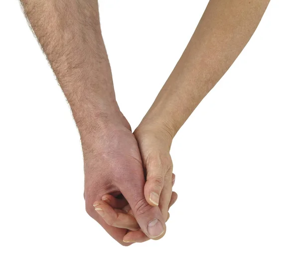 Bara Jag Och Kvinnlig Hand Håller Manlig Hand Isolerad Vit — Stockfoto