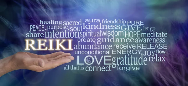 Gentle Reiki Words Wisdom Word Cloud Male Hand Reiki Floating — Stock Photo, Image