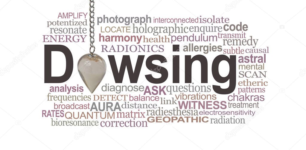 Dowsing Pendant Word Cloud - a smokey quartz crystal pendulum making the O of DOWSING surrounded by a relevant word cloud on a white background 