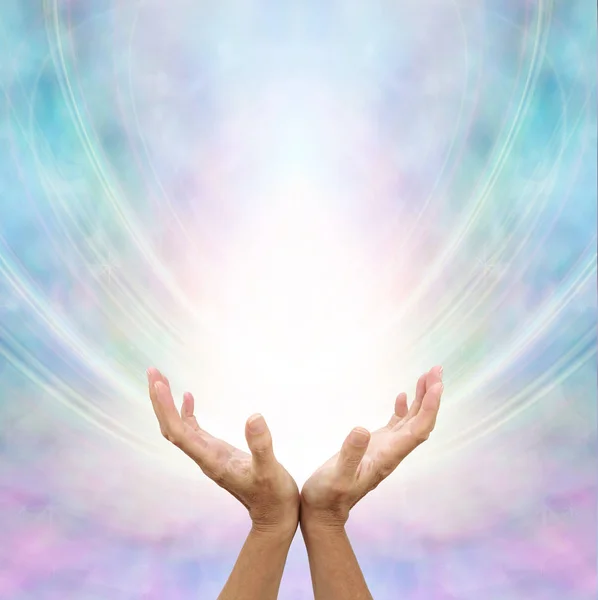 Receiving Divine Source Healing Hands Cupped Facing White Light Blue — Stock Photo, Image